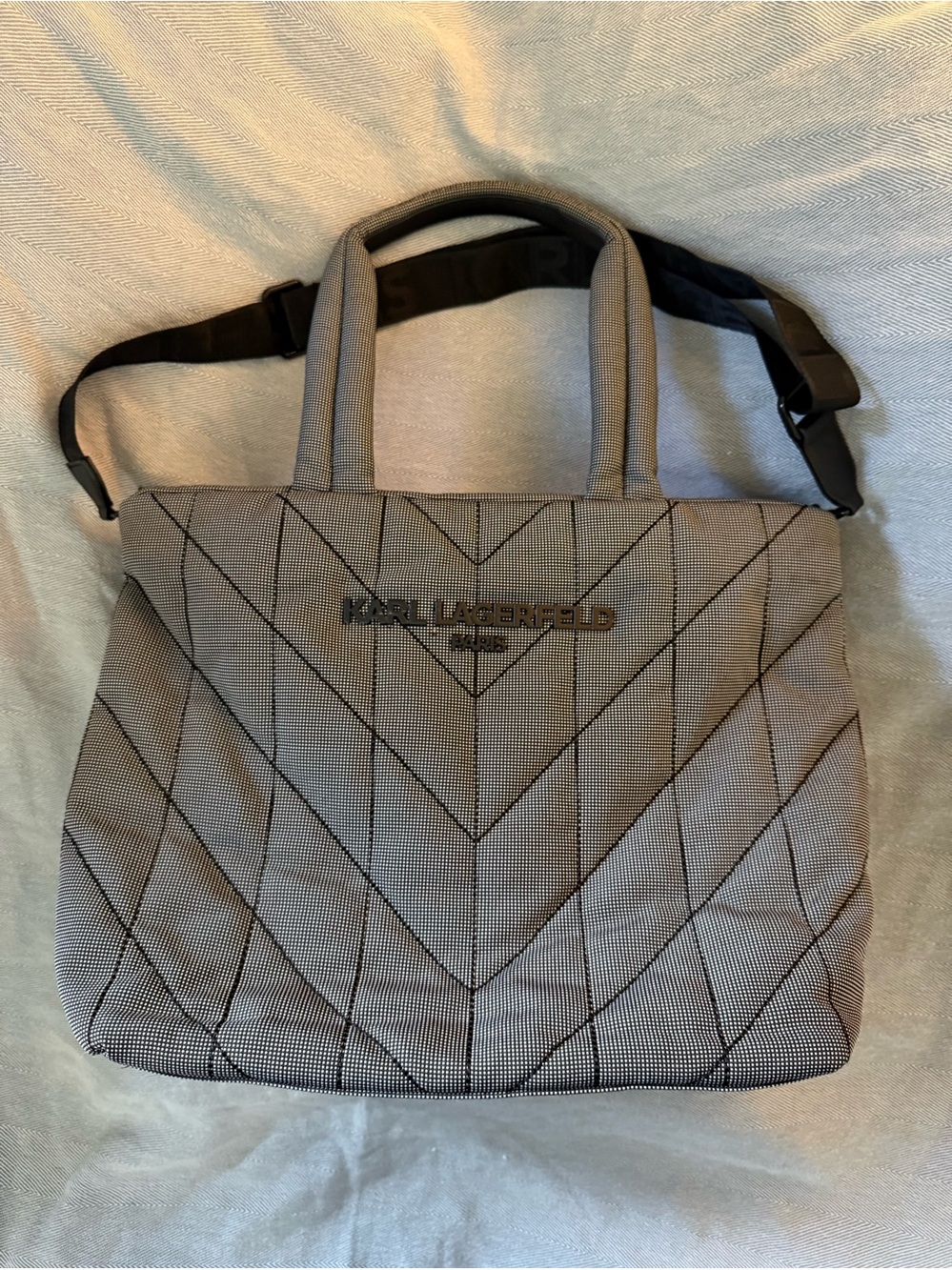 Karl Lagerfeld Black and White Quilted Tote with Logo Plaque